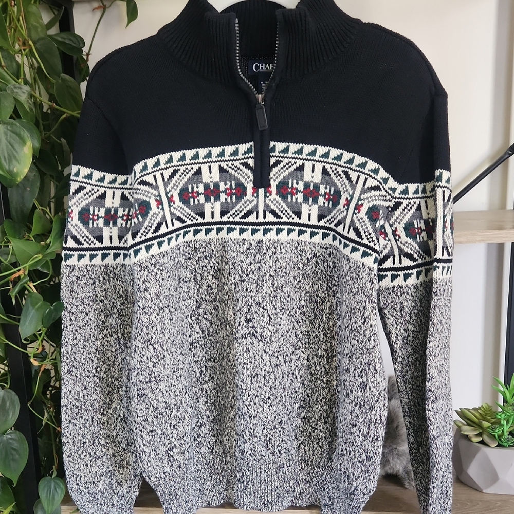 Chaps Black, White & Gray Half-Zip Fair Isle Sweater